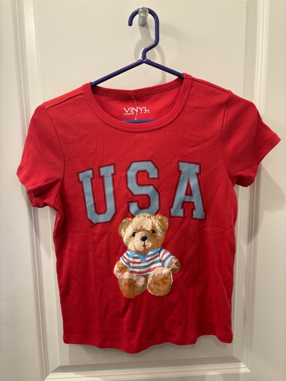 NWT Vinyl Icons Red USA Teddy Bear Baby Tee - L